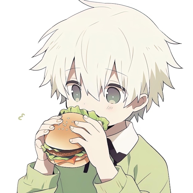 a cartoon drawing of an anime character eating a hamburger