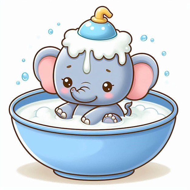 a cartoon drawing of a baby elephant in a bowl of soapy water