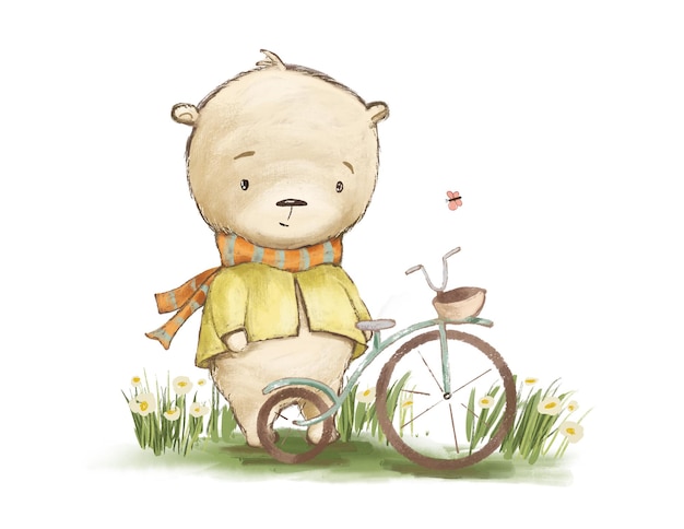 Cartoon drawing of a bear on a bicycle, illustration for the design of children's books or children'