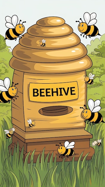 Photo a cartoon drawing of a beehive with a sticker on it