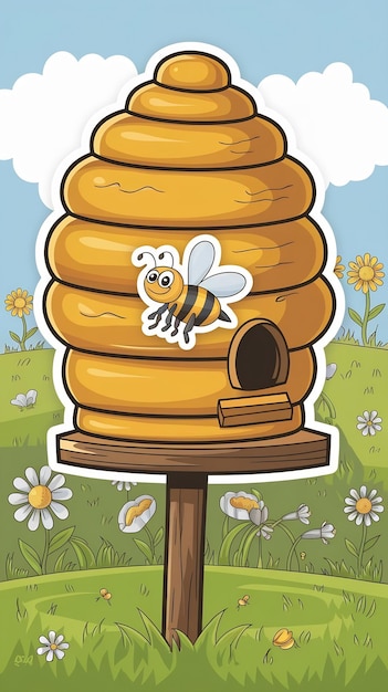 Photo a cartoon drawing of a beehive with a sticker on it