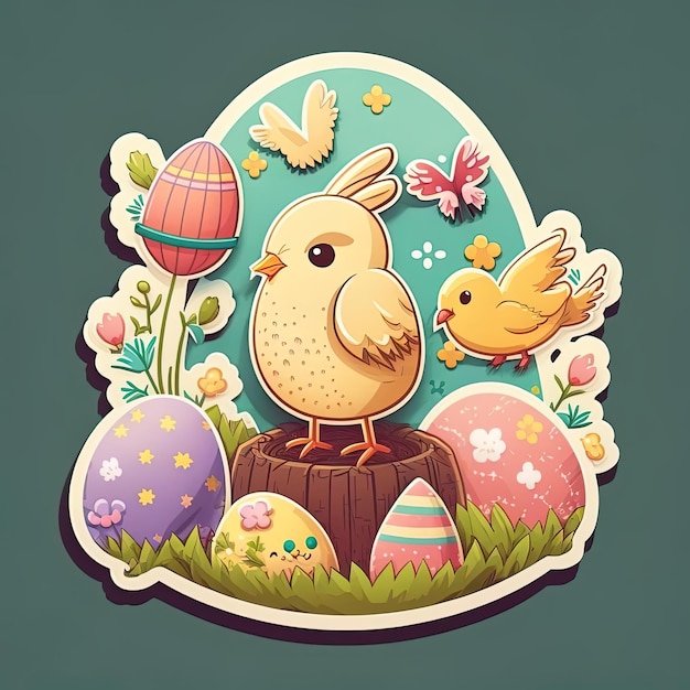 A cartoon drawing of a bird and easter eggs.