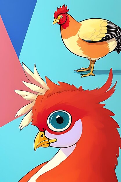 Photo a cartoon drawing of a bird with a blue eye and a red and white striped background