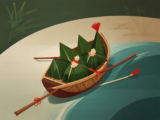 Photo a cartoon drawing of a boat with a bunch of bamboo sticks in it