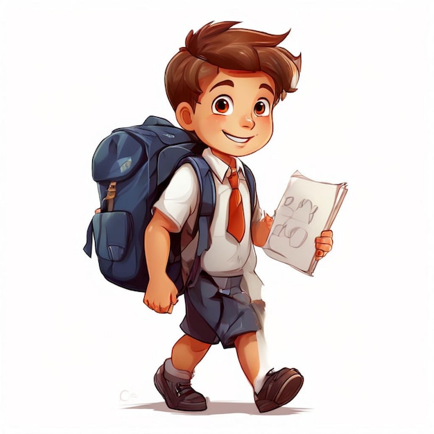 a cartoon drawing of a boy carrying a book with a boy wearing a shirt and tie