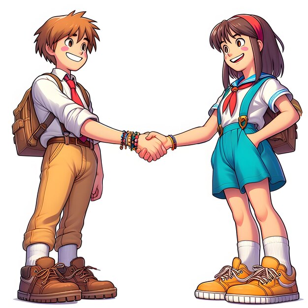 a cartoon drawing of a boy and girl shaking hands