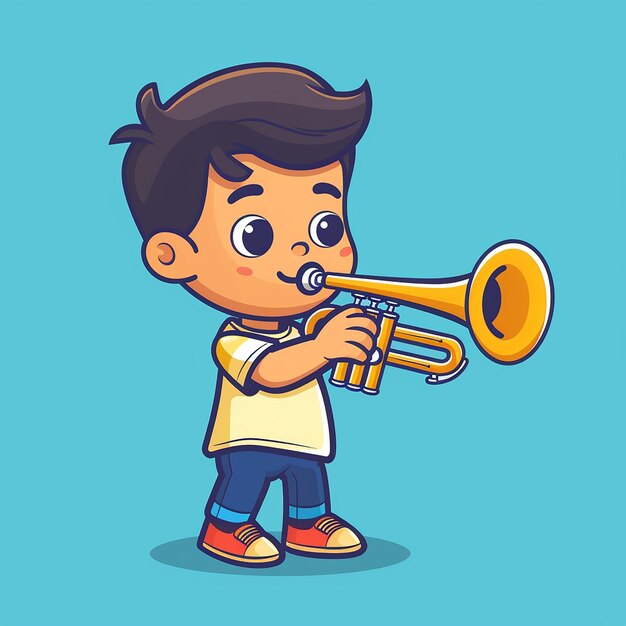 Photo a cartoon drawing of a boy playing a trumpet with a blue background