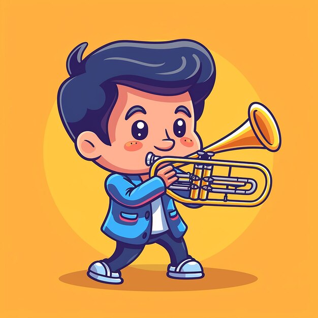 Photo a cartoon drawing of a boy playing a trumpet with a yellow background