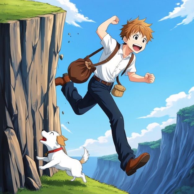 Photo a cartoon drawing of a boy with a backpack and a dog with a backpack on his back