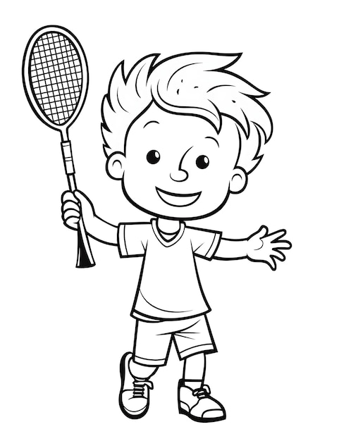 a cartoon drawing of a boy with a tennis racket