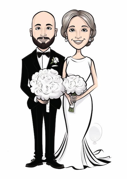 Photo a cartoon drawing of a bride and groom holding bouquets generative ai