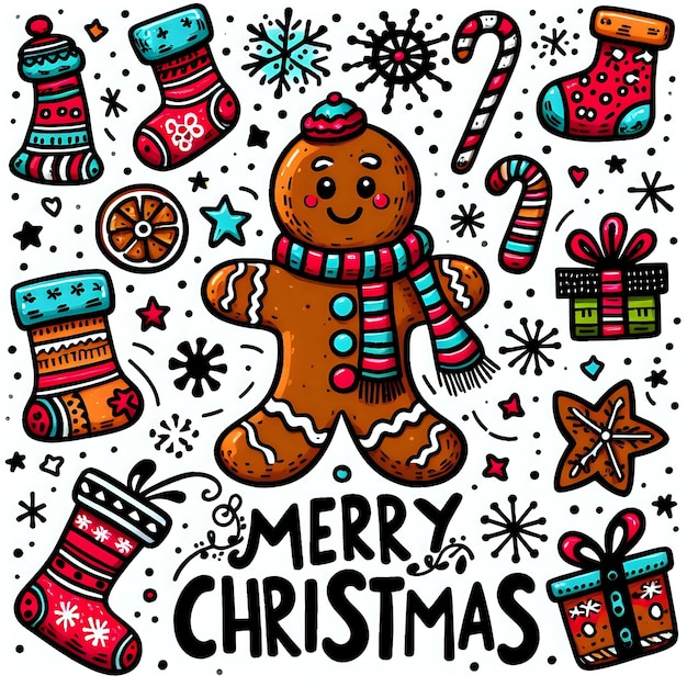 a cartoon drawing of a brown bear with a scarf and a scarf that says merry christmas