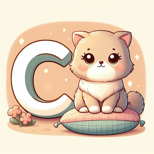 A cartoon drawing of a cat sitting on a board with the letter c on it