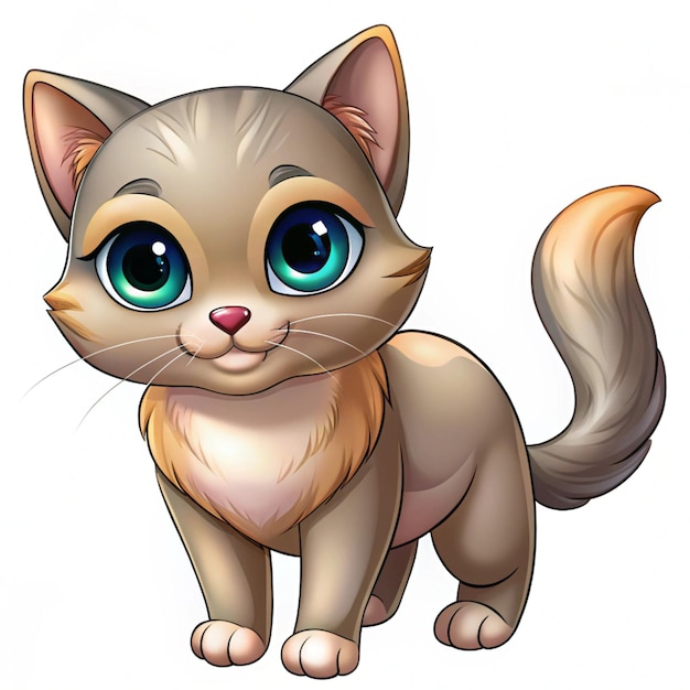 a cartoon drawing of a cat with green eyes and a yellow tail