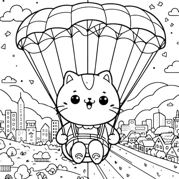 Photo a cartoon drawing of a cat with parachute on city background