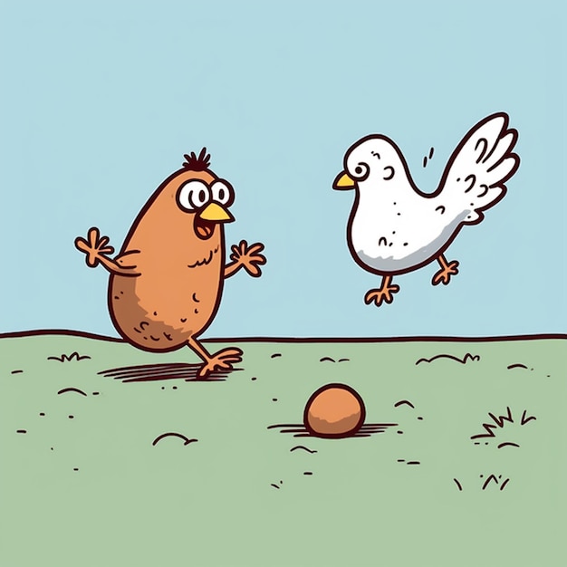 Photo a cartoon drawing of a chicken and a bird with a soccer ball