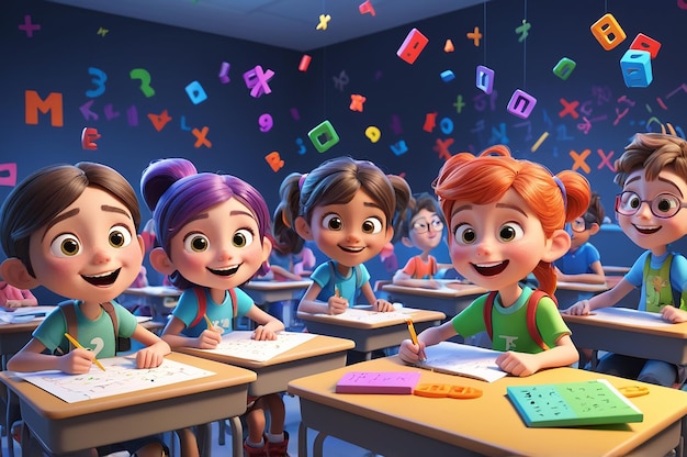 a cartoon drawing of children in a classroom with the letters quot happy quot on the wall