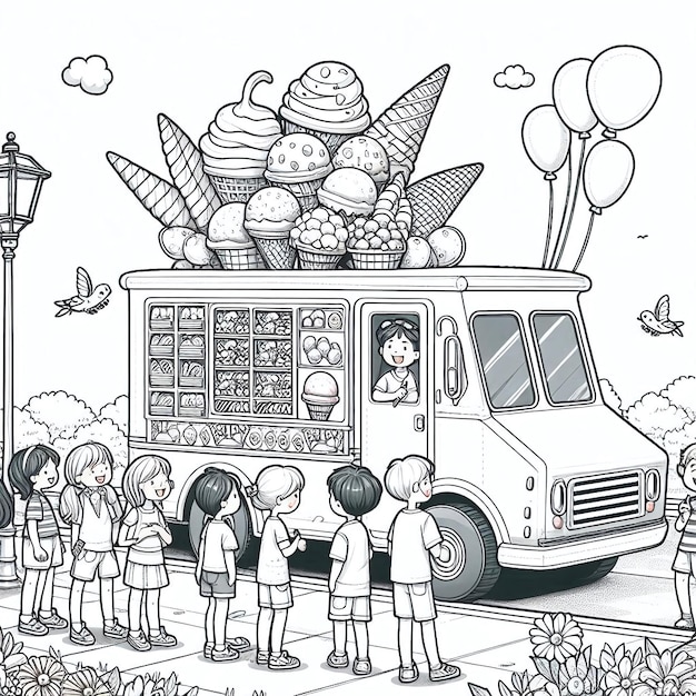 Photo a cartoon drawing of children in front of a bus with balloons on it