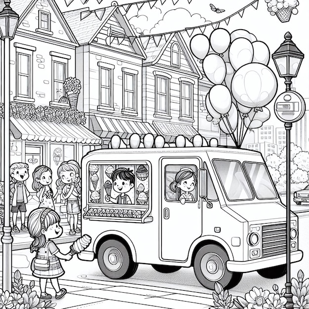 Photo a cartoon drawing of children in front of a bus with balloons on it