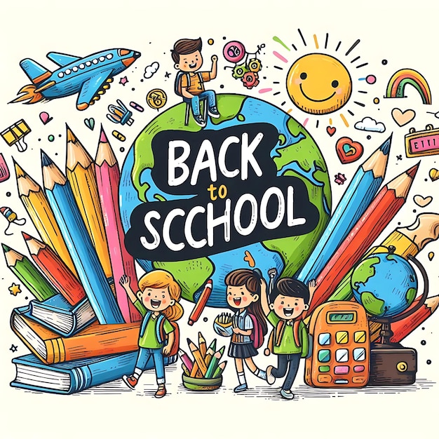 a cartoon drawing of children with a picture of a school with the words back back to school written on it