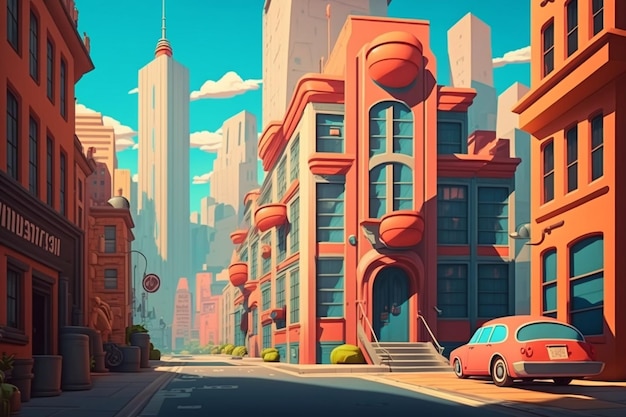 A cartoon drawing of a city street with a red car parked in front of it.