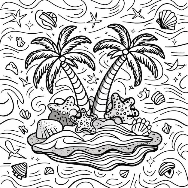 a cartoon drawing of a coconut and a turtle on a coral reef