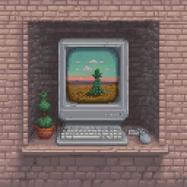 Photo a cartoon drawing of a computer with a cactus on the screen