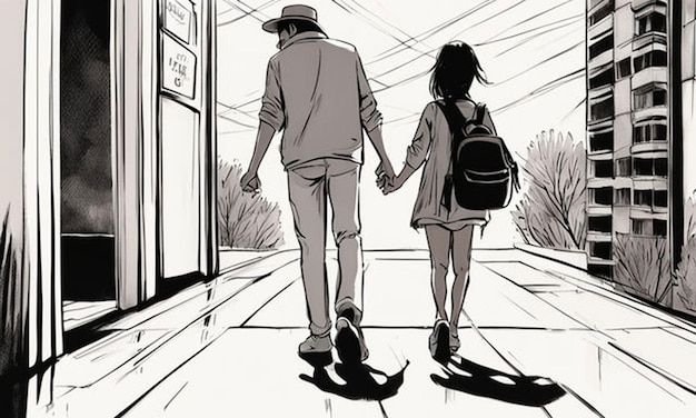 a cartoon drawing of a couple holding hands and walking down a sidewalk