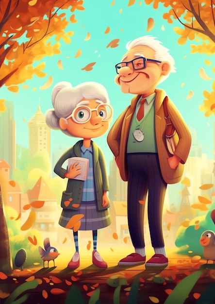 A cartoon drawing of a couple standing in the park