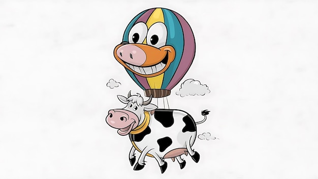 a cartoon drawing of a cow and a cow with a balloon in the sky