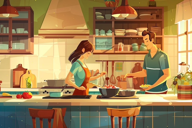 a cartoon drawing of a family cooking in a kitchen