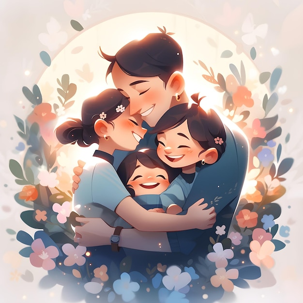 A cartoon drawing of a family hugging each other.