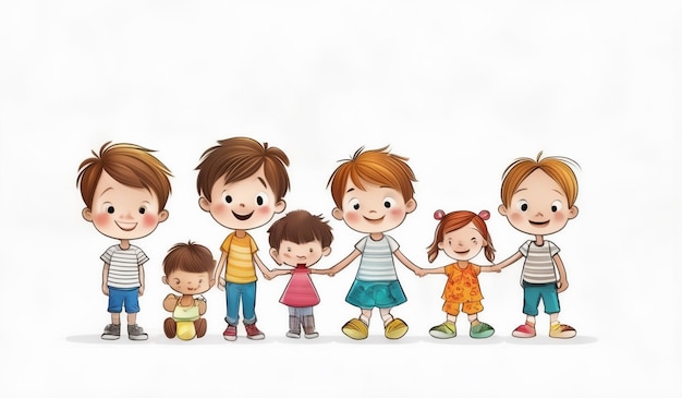 Photo a cartoon drawing of a family with children holding hands