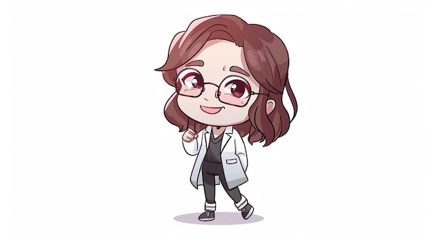 a cartoon drawing of a female doctor with glasses and a lab coat