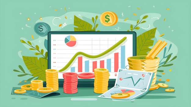 a cartoon drawing of a financial chart with a graph and money on it