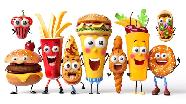 Photo a cartoon drawing of food including a cartoon character with faces and faces