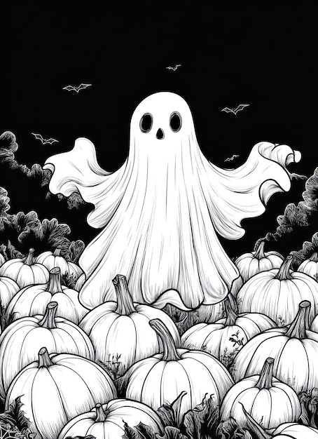 Photo a cartoon drawing of a ghost with a line of pumpkins