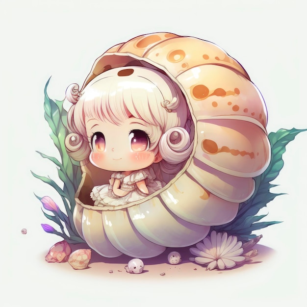 A cartoon drawing of a girl inside a shell