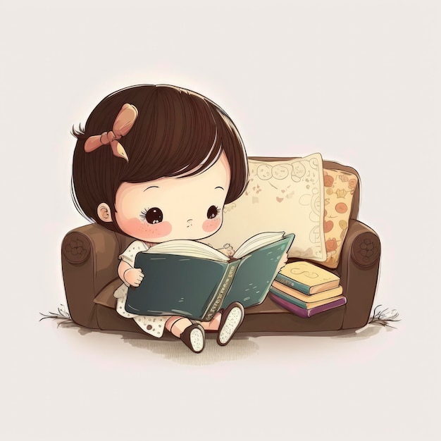 A cartoon drawing of a girl reading a book on a couch.