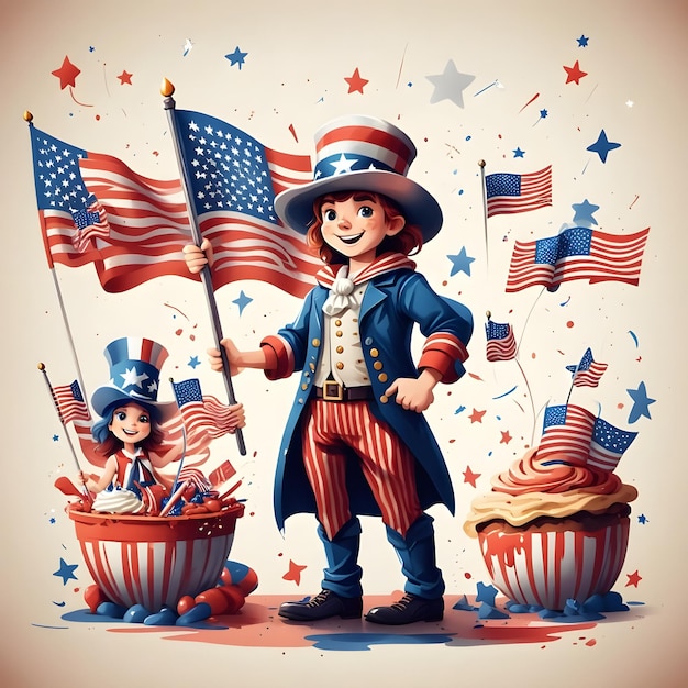 a cartoon drawing of a girl with a patriotic hat and a patriotic cake with the american flag on it