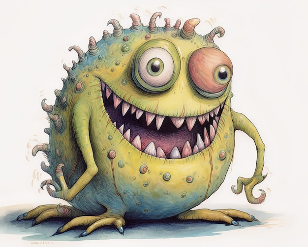 A cartoon drawing of a green monster with a big eye and a big smile