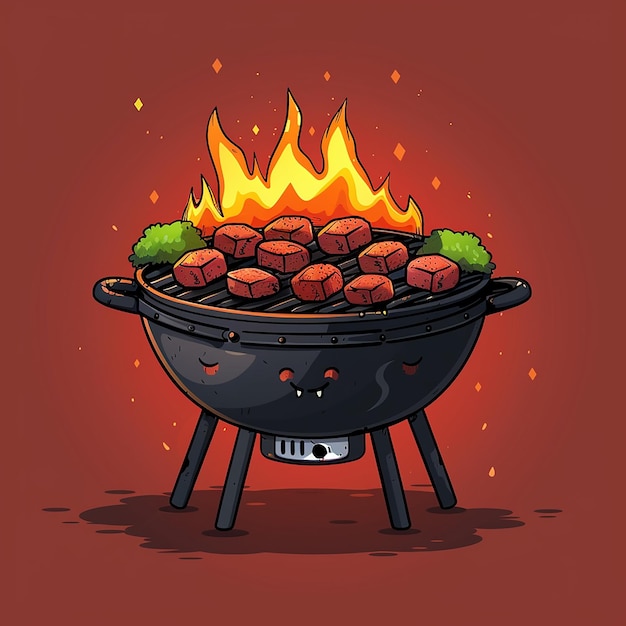 a cartoon drawing of a grill with a picture of meat cooking on it