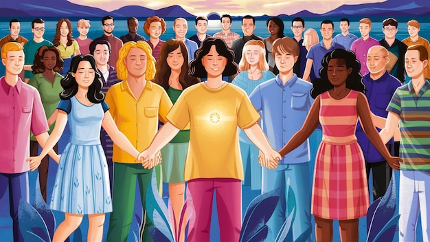 a cartoon drawing of a group of people holding hands