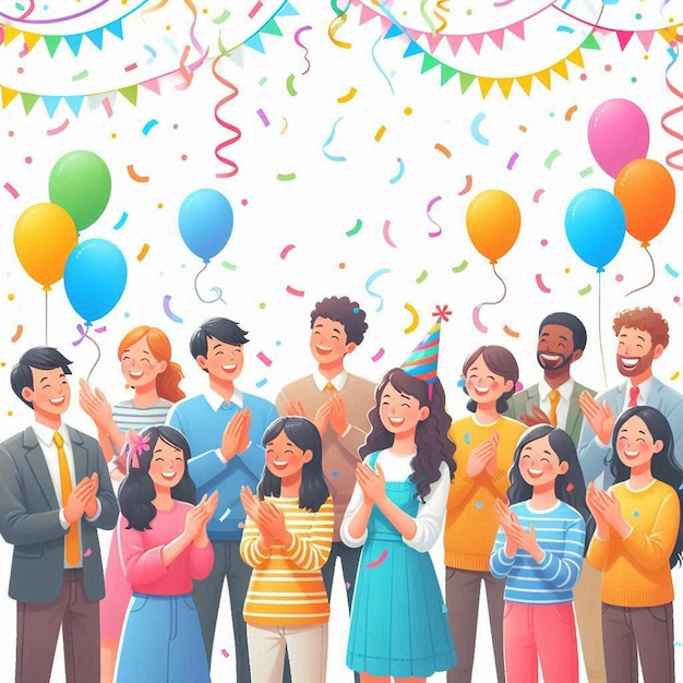 a cartoon drawing of a group of people with balloons and the word quot happy quot on it