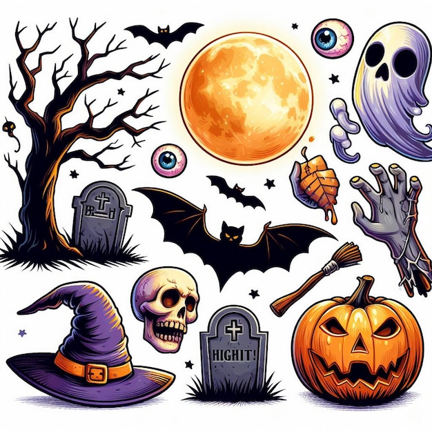 Photo a cartoon drawing of a halloween theme with a moon and bats