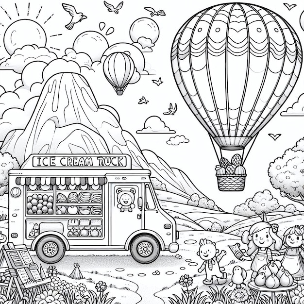 a cartoon drawing of a hot air balloon with a sun on it