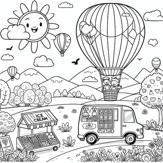 a cartoon drawing of a hot air balloon with a sun on it