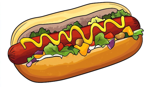 Photo a cartoon drawing of a hot dog with ketchup and mustard on it