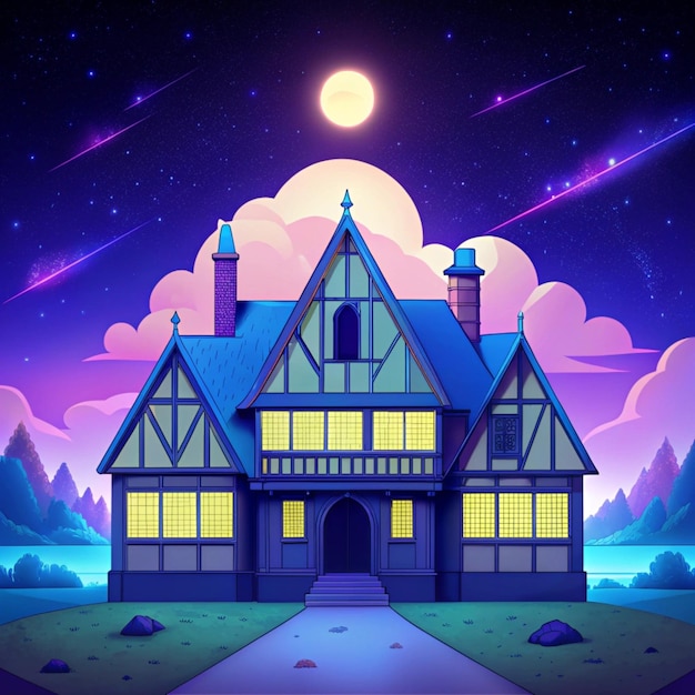 Photo a cartoon drawing of a house with a full moon in the background