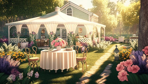 a cartoon drawing of a house with a garden and a table with a white tablecloth